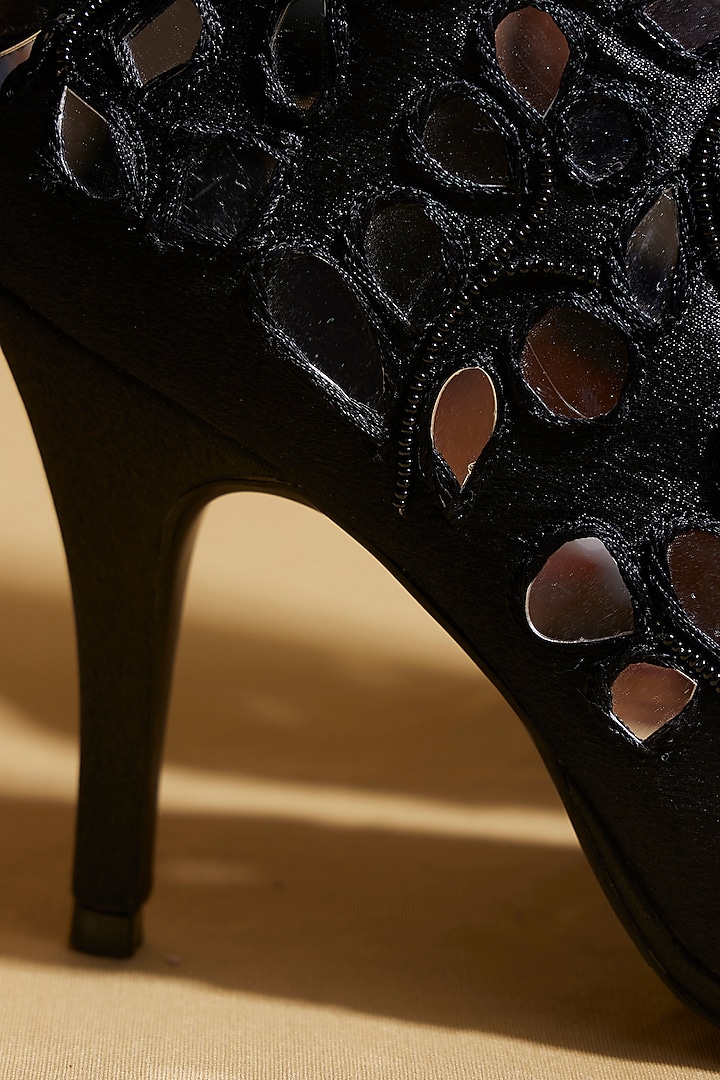 Black Cotton Mirror Hand Embroidered Calf-Length Boots by TIESTA at Pernia's Pop Up Shop