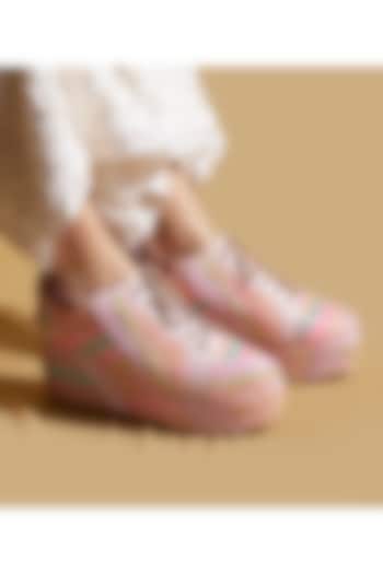 Neon Pink Cotton Beads Embroidered Wedge Sneakers by TIESTA at Pernia's Pop Up Shop