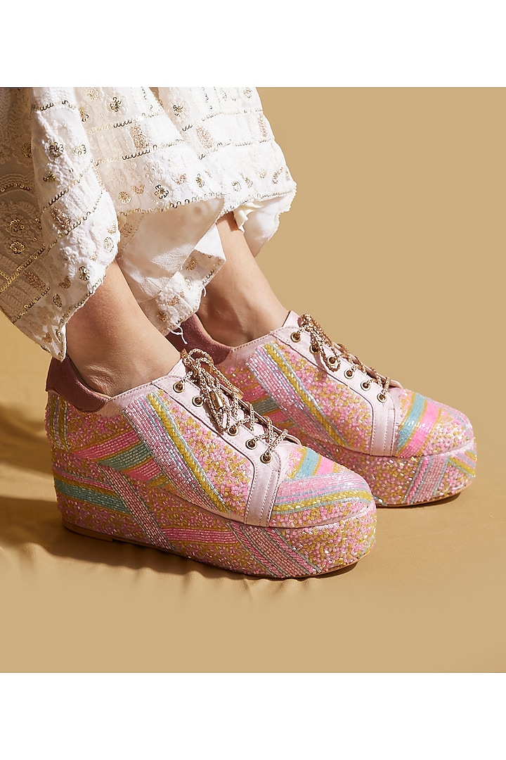 Neon Pink Cotton Beads Embroidered Wedge Sneakers by TIESTA at Pernia's Pop Up Shop