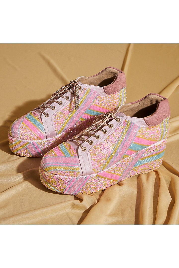 Neon Pink Cotton Beads Embroidered Wedge Sneakers by TIESTA at Pernia's Pop Up Shop