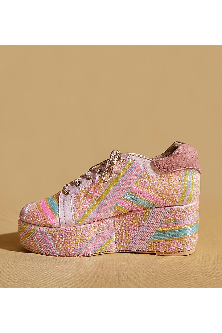 Neon Pink Cotton Beads Embroidered Wedge Sneakers by TIESTA at Pernia's Pop Up Shop