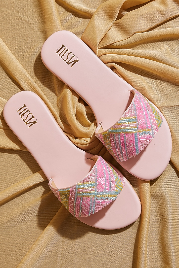 Neon Pink Satin Hand Embroidered Sliders by TIESTA at Pernia's Pop Up Shop