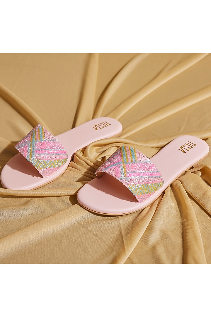 Neon Pink Satin Hand Embroidered Sliders by TIESTA at Pernia's Pop Up Shop