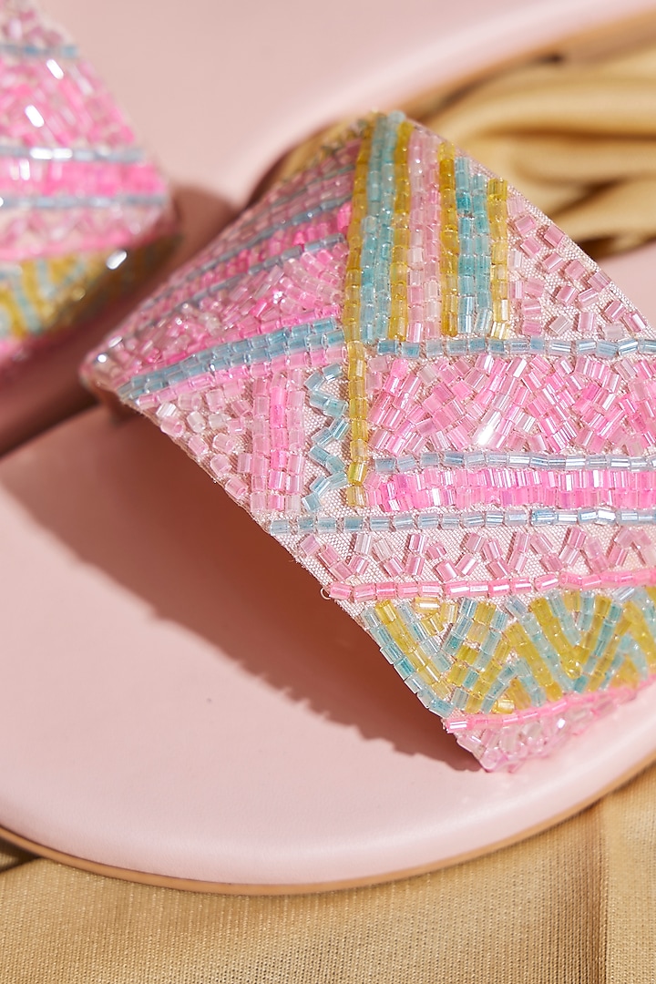Neon Pink Satin Hand Embroidered Sliders by TIESTA at Pernia's Pop Up Shop