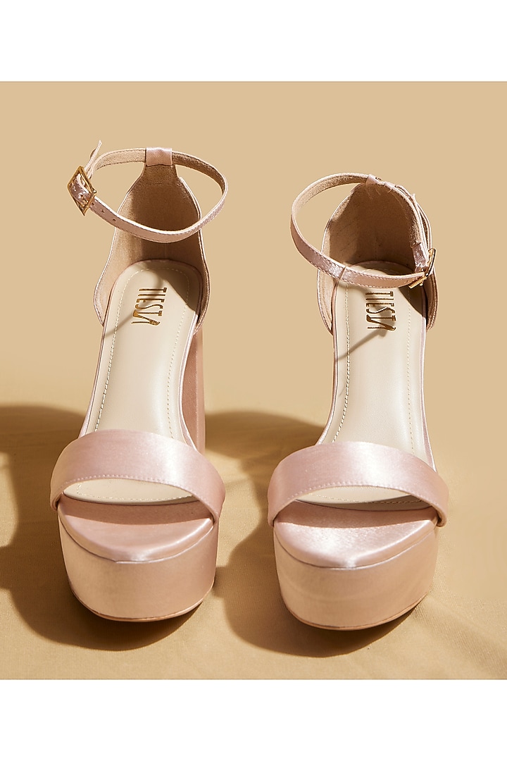 Rose Gold Satin Open-Toe Pump Heels by TIESTA at Pernia's Pop Up Shop