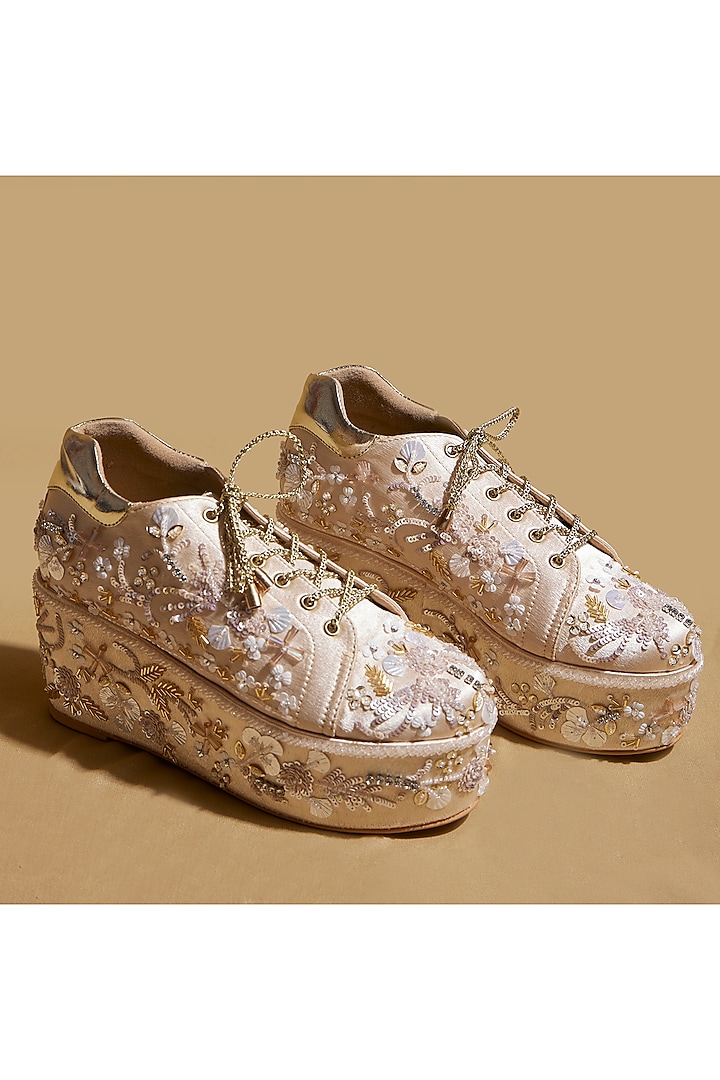 Gold Satin Floral Hand Embroidered Wedge Sneakers by TIESTA at Pernia's Pop Up Shop