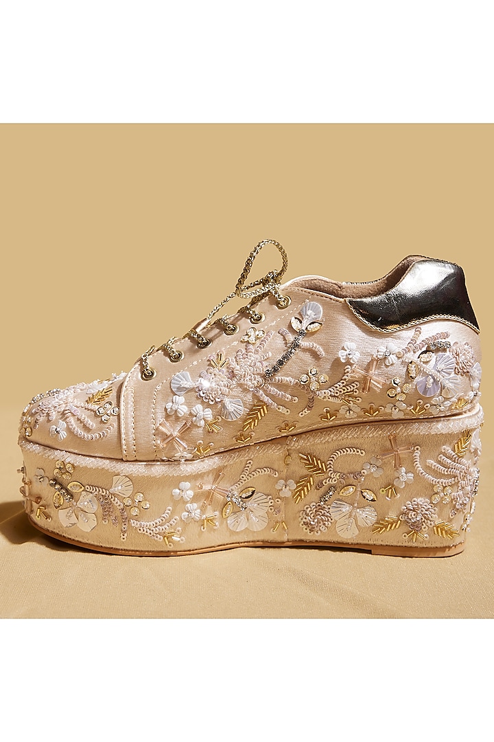 Gold Satin Floral Hand Embroidered Wedge Sneakers by TIESTA at Pernia's Pop Up Shop