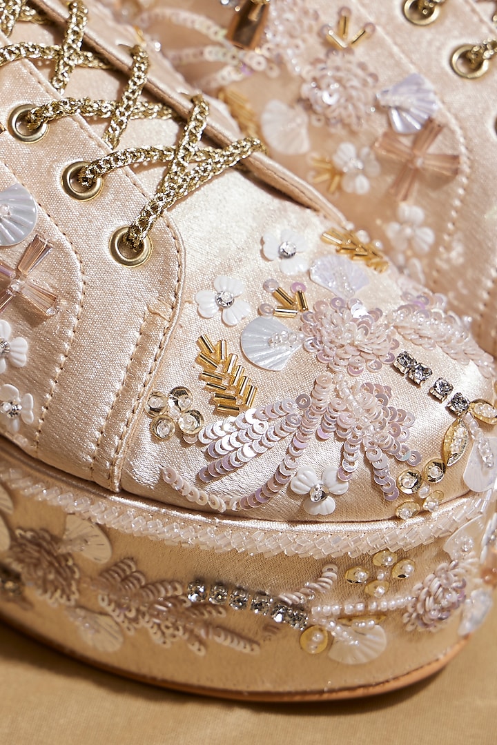 Gold Satin Floral Hand Embroidered Wedge Sneakers by TIESTA at Pernia's Pop Up Shop
