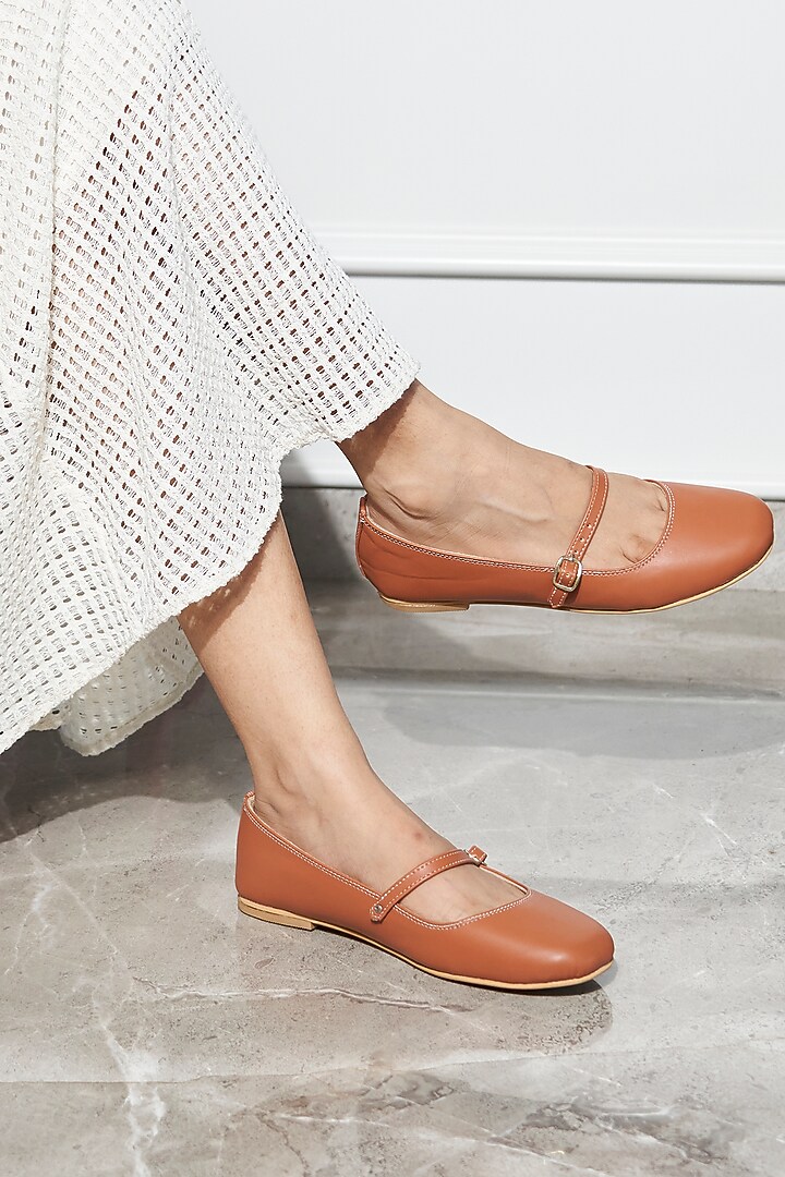 Tan Vegan Leather Ballerina Flats by TIESTA at Pernia's Pop Up Shop