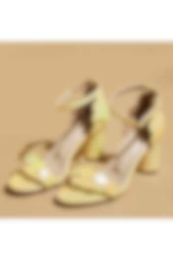 Yellow Vegan Leather Open-Toe Block Heels by TIESTA at Pernia's Pop Up Shop