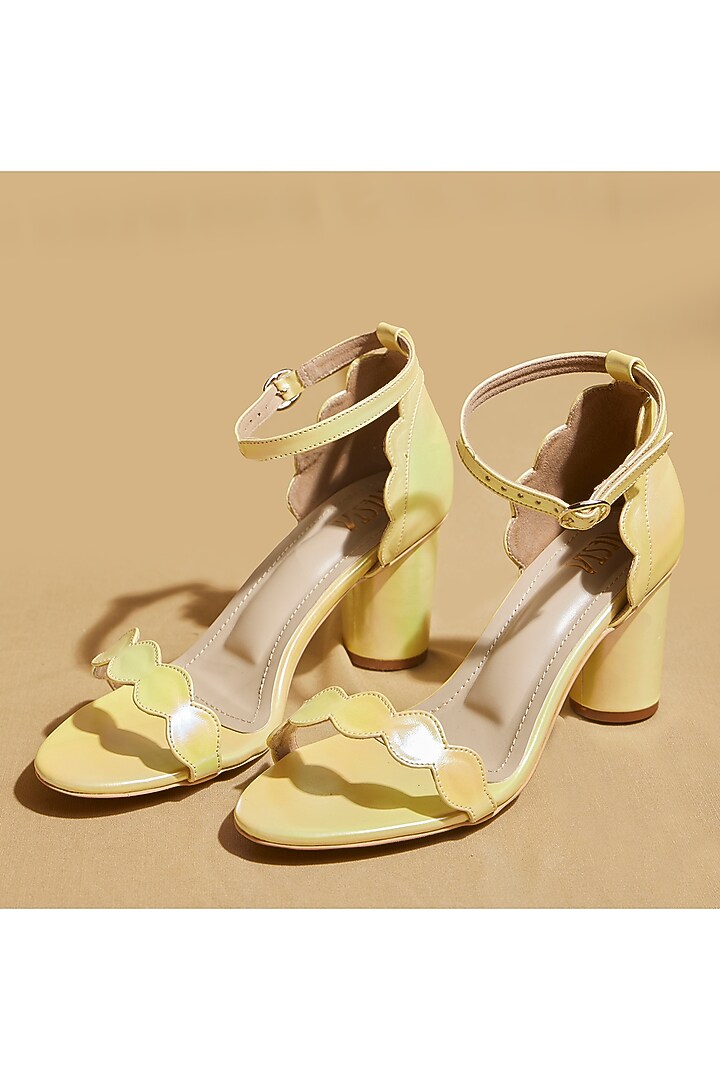Yellow Vegan Leather Open-Toe Block Heels by TIESTA at Pernia's Pop Up Shop