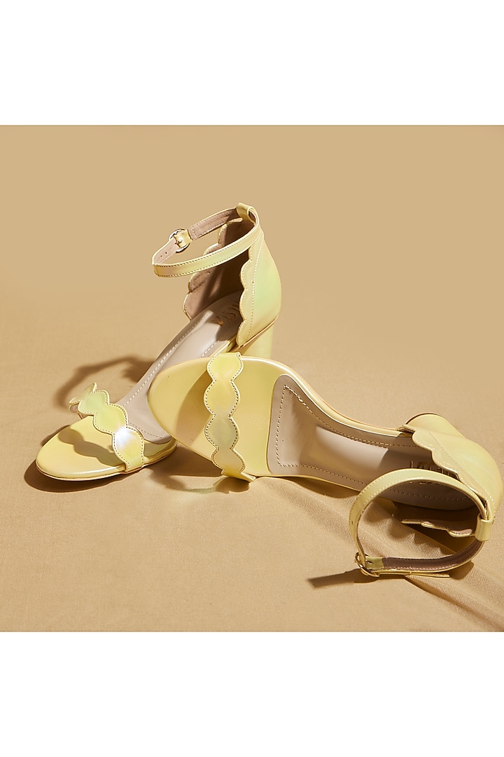 Yellow Vegan Leather Open-Toe Block Heels by TIESTA at Pernia's Pop Up Shop