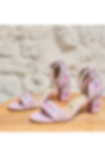 Lavender Faux Leather Embroidered Block Heels by TIESTA at Pernia's Pop Up Shop