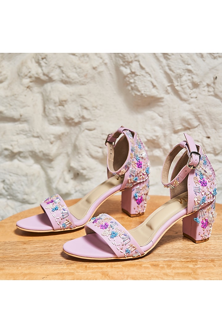 Lavender Faux Leather Embroidered Block Heels by TIESTA at Pernia's Pop Up Shop