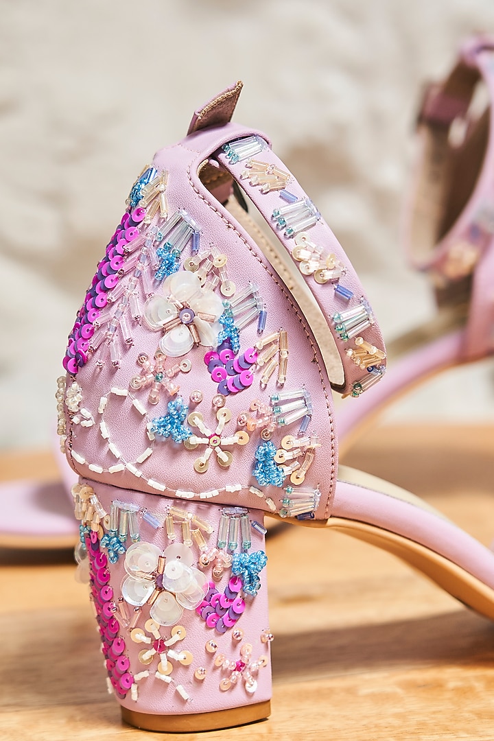 Lavender Faux Leather Embroidered Block Heels by TIESTA at Pernia's Pop Up Shop