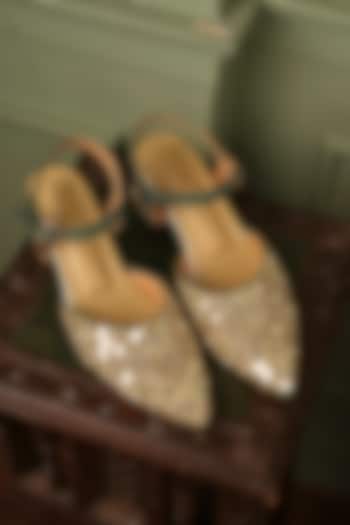 Green Raw Silk Mirror Embroidered Block Heels by TIESTA at Pernia's Pop Up Shop