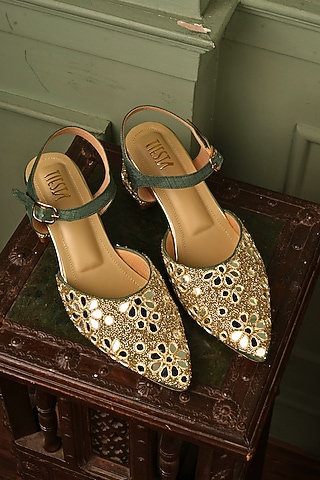 Green Raw Silk Mirror Embroidered Block Heels by TIESTA
