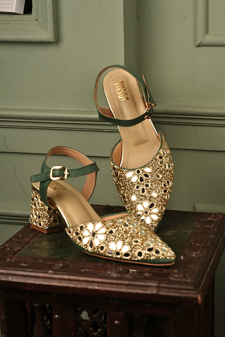 Green Raw Silk Mirror Embroidered Block Heels by TIESTA at Pernia's Pop Up Shop