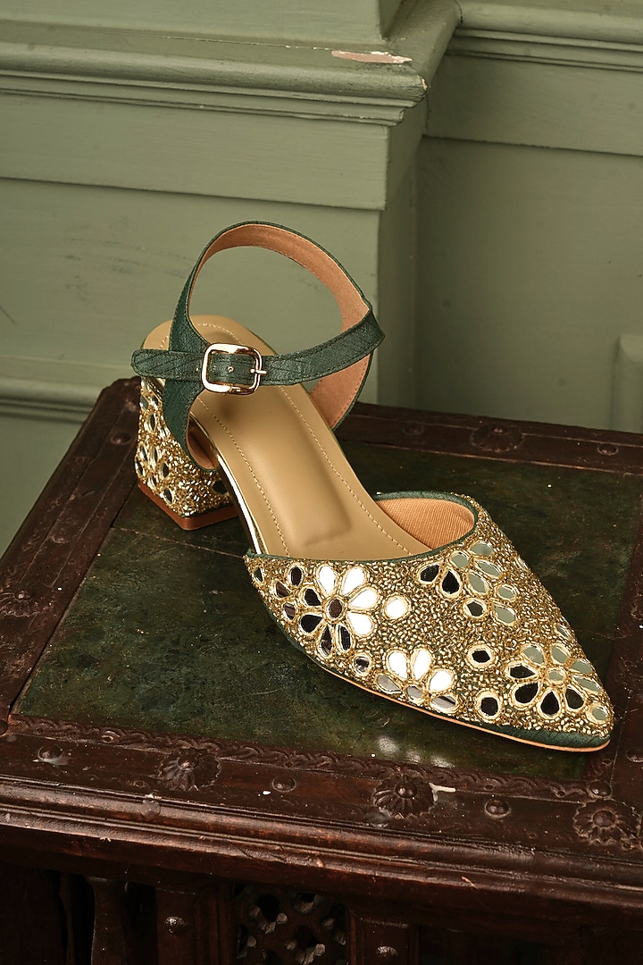 Green Raw Silk Mirror Embroidered Block Heels by TIESTA at Pernia's Pop Up Shop