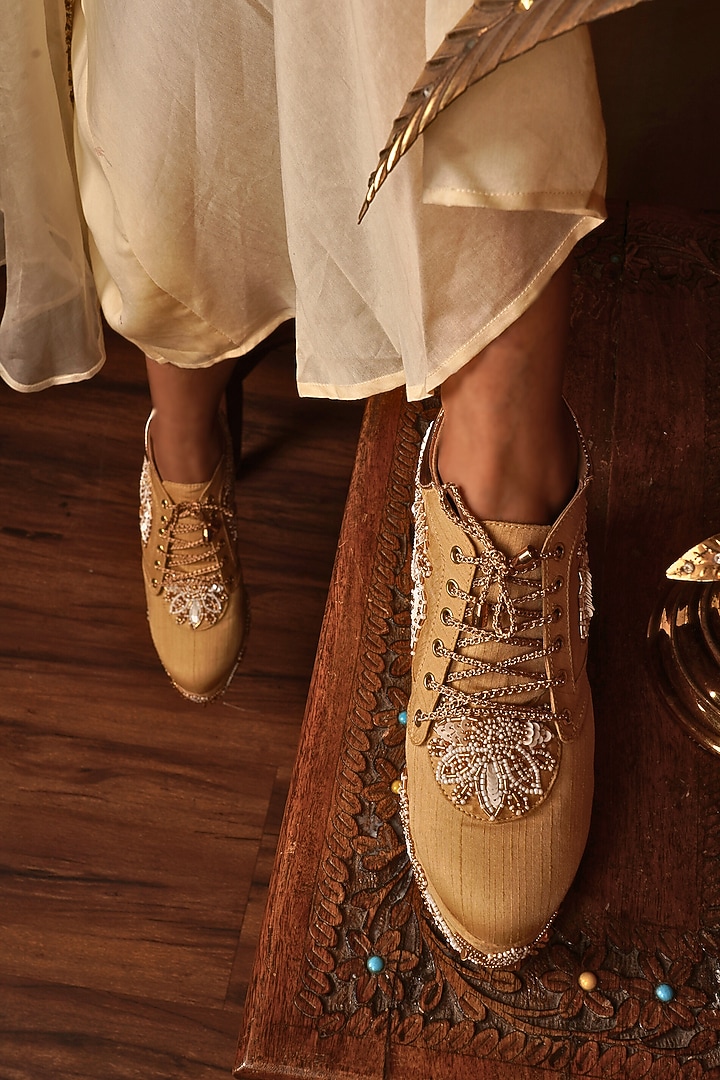 Gold Raw Silk Zari & Pearl Embroidered Wedge Sneakers by TIESTA at Pernia's Pop Up Shop