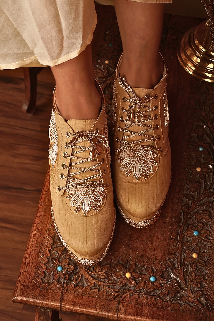 Gold Raw Silk Zari & Pearl Embroidered Wedge Sneakers by TIESTA at Pernia's Pop Up Shop