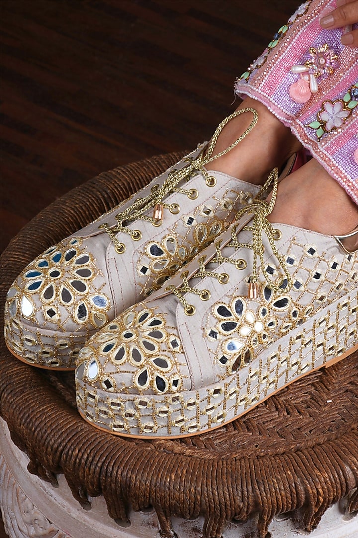 Gold Raw Silk Mirror Work Wedge Sneakers by TIESTA at Pernia's Pop Up Shop