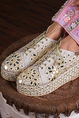 Gold Raw Silk Mirror Work Wedge Sneakers by TIESTA