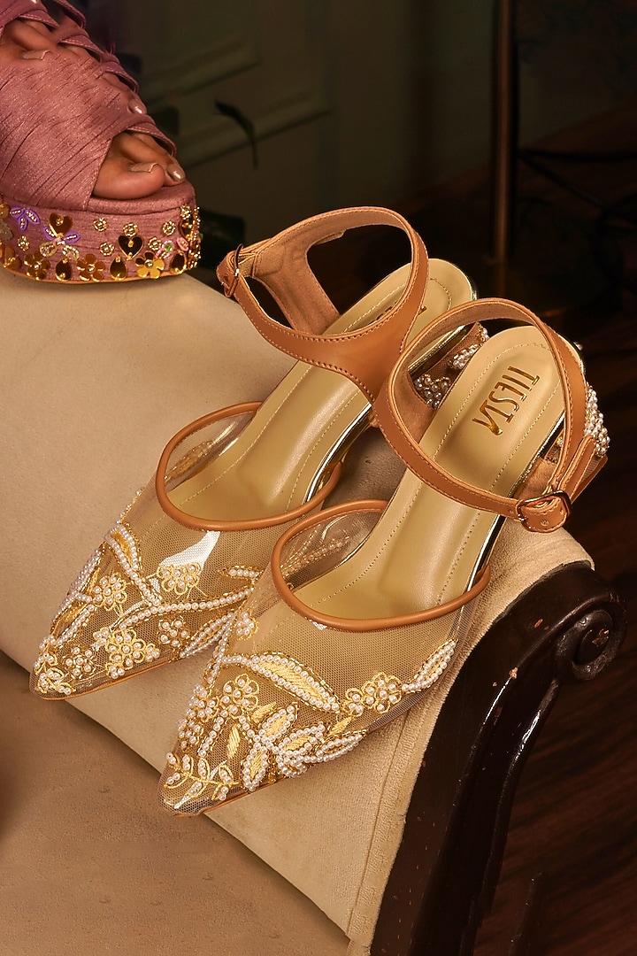 Brown Net Pearl & Bead Embellished Heels by TIESTA at Pernia's Pop Up Shop