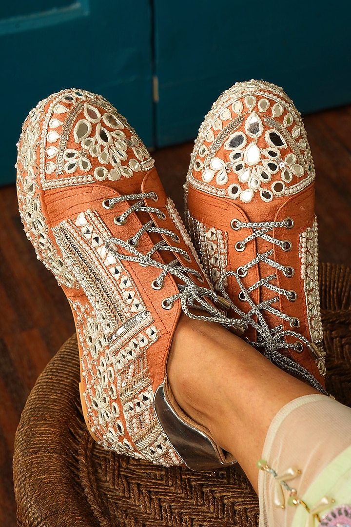 Orange Raw Silk Mirror & Thread Embroidered Wedge Sneakers by TIESTA at Pernia's Pop Up Shop