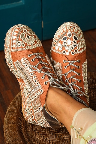 Orange Raw Silk Mirror & Thread Embroidered Wedge Sneakers by TIESTA