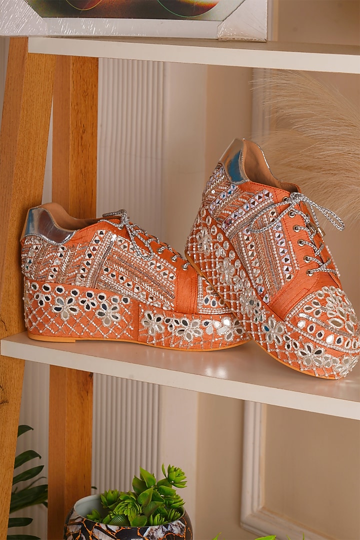 Orange Raw Silk Mirror & Thread Embroidered Wedge Sneakers by TIESTA at Pernia's Pop Up Shop