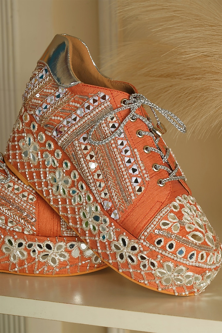 Orange Raw Silk Mirror & Thread Embroidered Wedge Sneakers by TIESTA at Pernia's Pop Up Shop