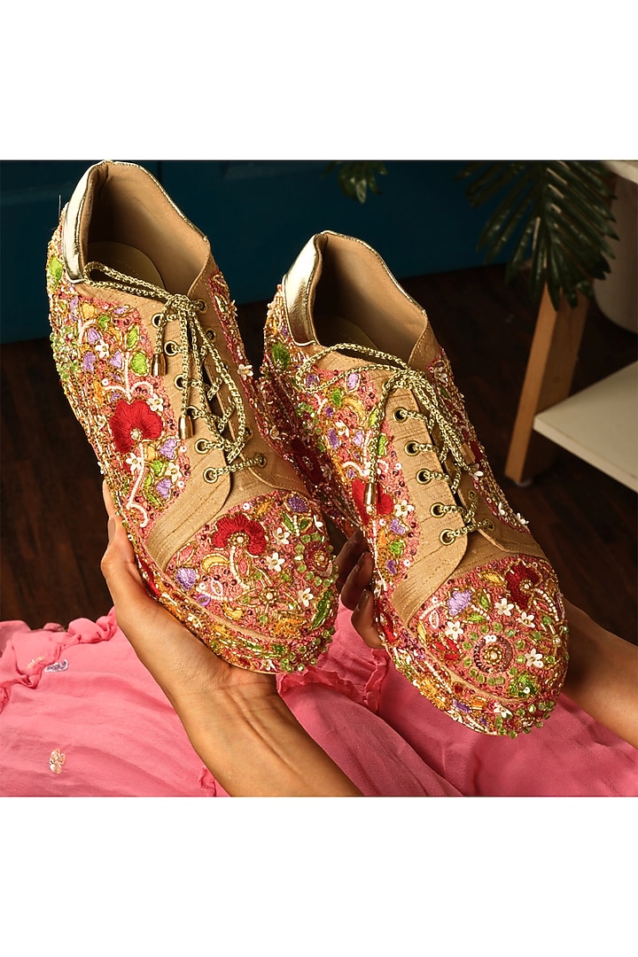 Peach Raw Silk Floral Embroidered Wedge Sneakers by TIESTA at Pernia's Pop Up Shop