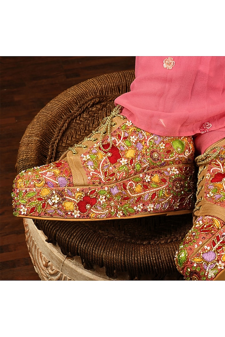 Peach Raw Silk Floral Embroidered Wedge Sneakers by TIESTA at Pernia's Pop Up Shop