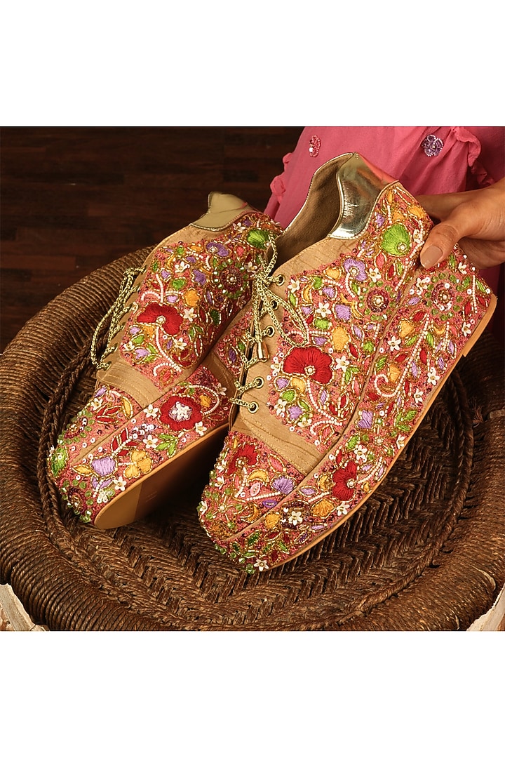 Peach Raw Silk Floral Embroidered Wedge Sneakers by TIESTA at Pernia's Pop Up Shop