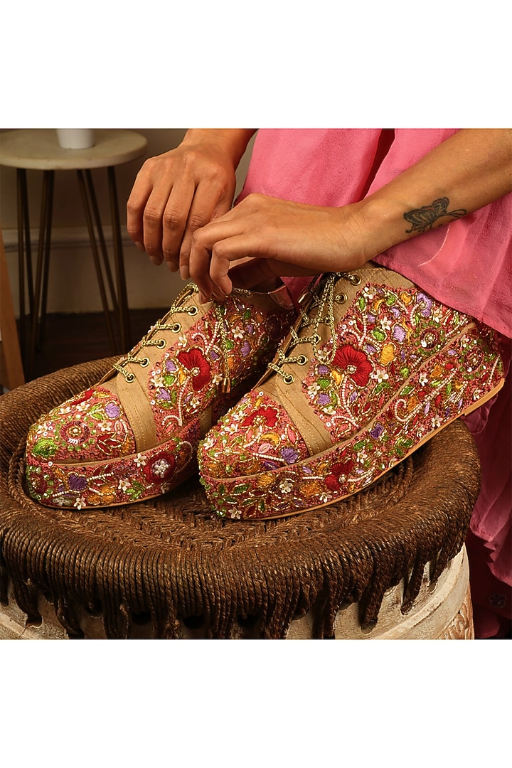 Peach Raw Silk Floral Embroidered Wedge Sneakers by TIESTA at Pernia's Pop Up Shop