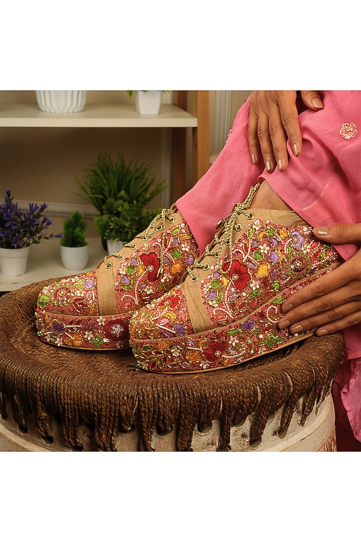 Peach Raw Silk Floral Embroidered Wedge Sneakers by TIESTA at Pernia's Pop Up Shop