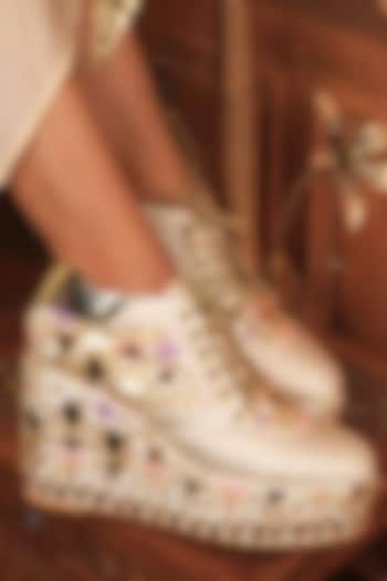 White Satin Embroidered Wedge Sneakers by TIESTA at Pernia's Pop Up Shop