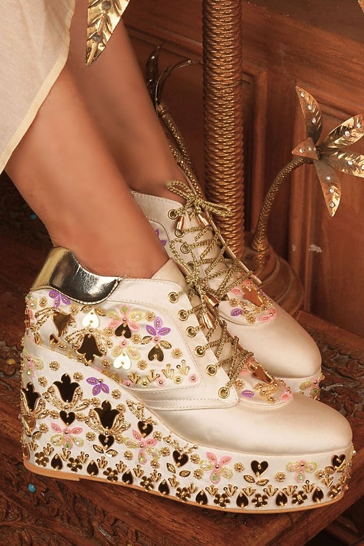 White Satin Embroidered Wedge Sneakers by TIESTA at Pernia's Pop Up Shop