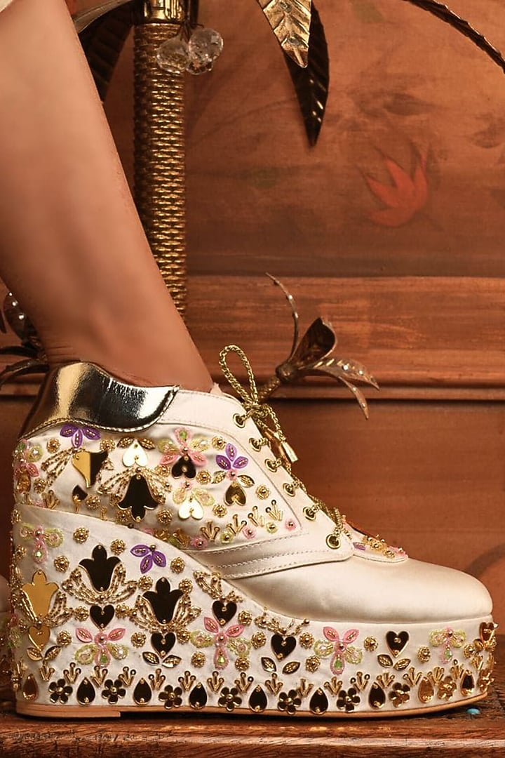White Satin Embroidered Wedge Sneakers by TIESTA at Pernia's Pop Up Shop