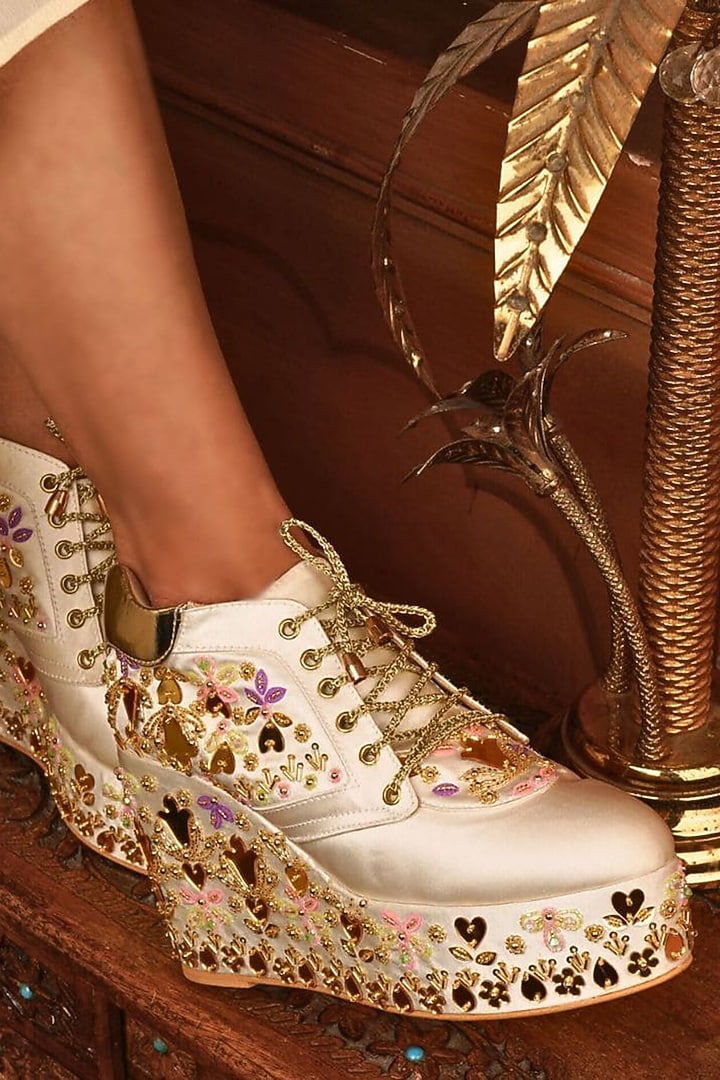 White Satin Embroidered Wedge Sneakers by TIESTA at Pernia's Pop Up Shop