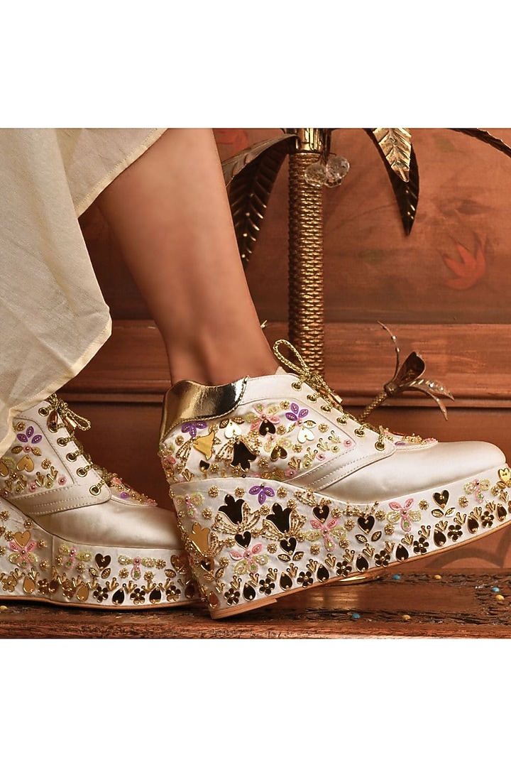 White Satin Embroidered Wedge Sneakers by TIESTA at Pernia's Pop Up Shop