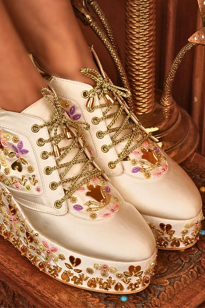 White Satin Embroidered Wedge Sneakers by TIESTA at Pernia's Pop Up Shop
