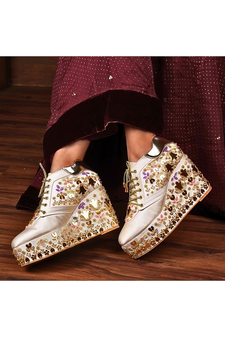 White Satin Embroidered Wedge Sneakers by TIESTA at Pernia's Pop Up Shop