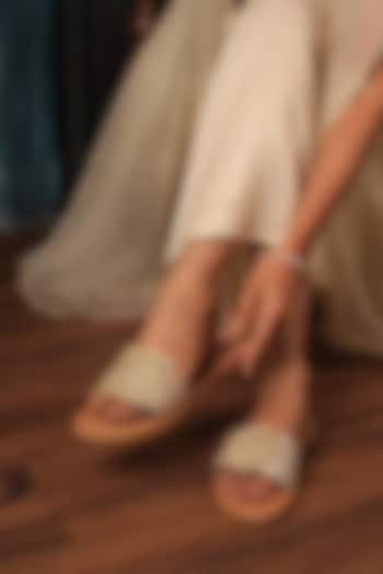 White Raw Silk Mirror Work Flats by TIESTA at Pernia's Pop Up Shop