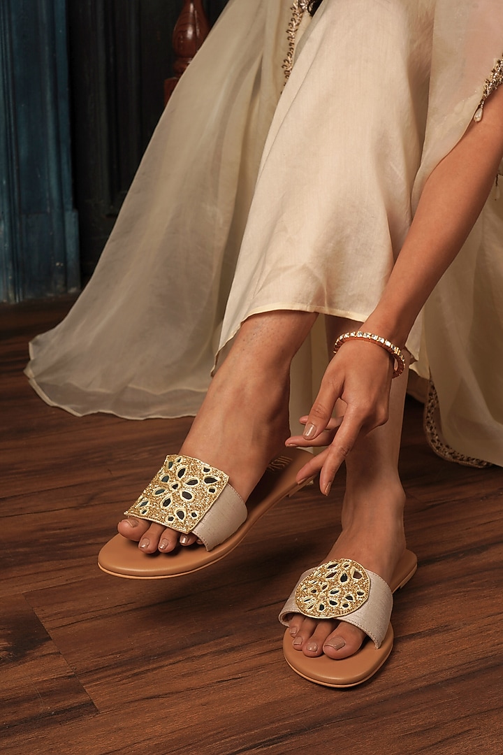 White Raw Silk Mirror Work Flats by TIESTA at Pernia's Pop Up Shop