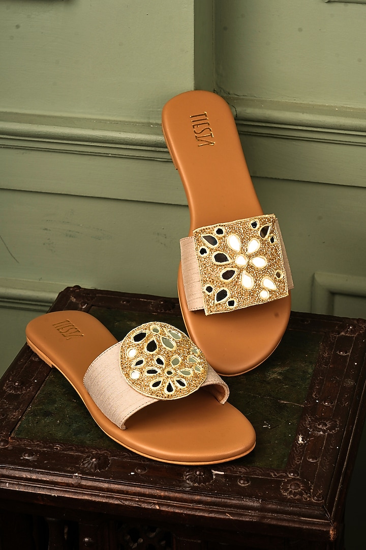 White Raw Silk Mirror Work Flats by TIESTA at Pernia's Pop Up Shop