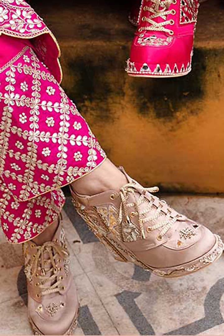 Blush Pink Satin Hand Embroidered Sneaker Wedges by TIESTA at Pernia's Pop Up Shop