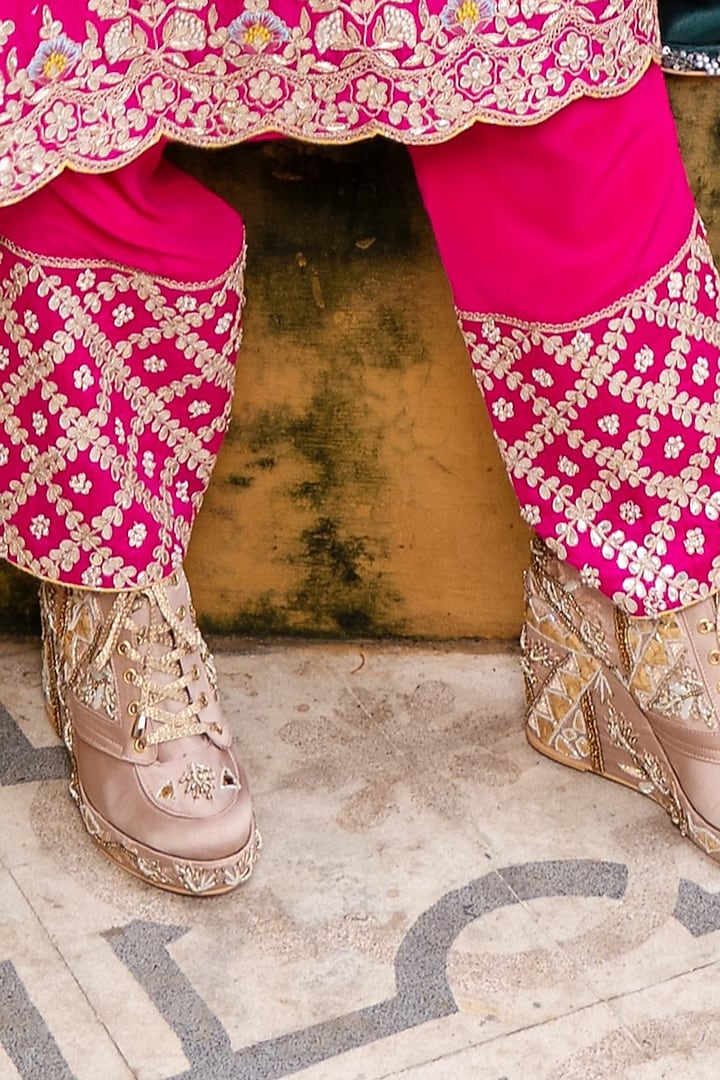 Blush Pink Satin Hand Embroidered Sneaker Wedges by TIESTA at Pernia's Pop Up Shop