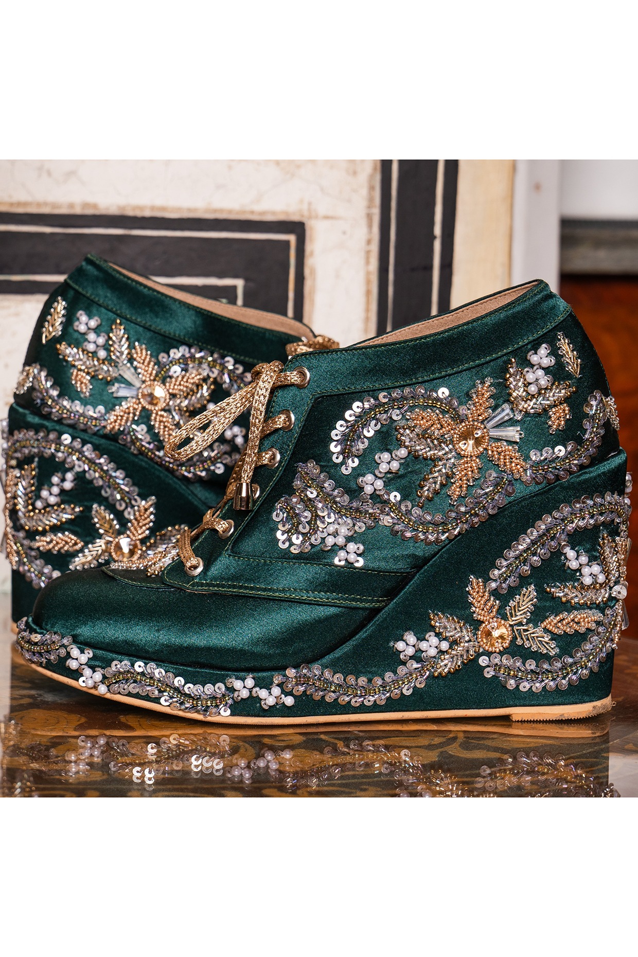 Buy Green Cutdana Notting Hill Embellished Wedding Wedge Sneakers by Anaar  Online at Aza Fashions.